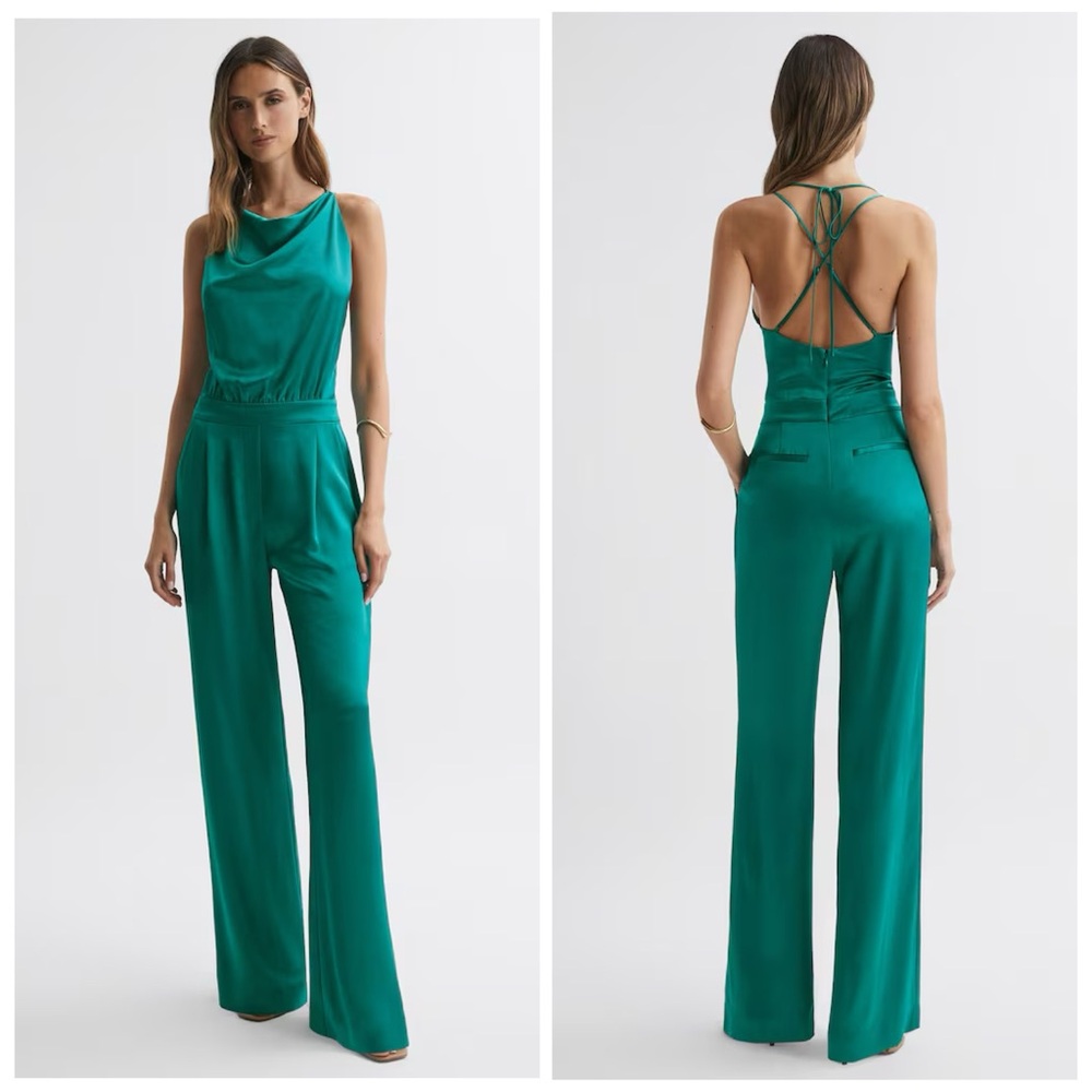 New! REISS Malia Open Back Wide Leg Satin Jumpsuit